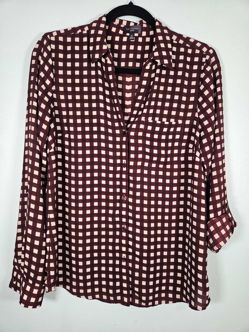The Limited Burgundy and Cream Check Button-Down Blouse